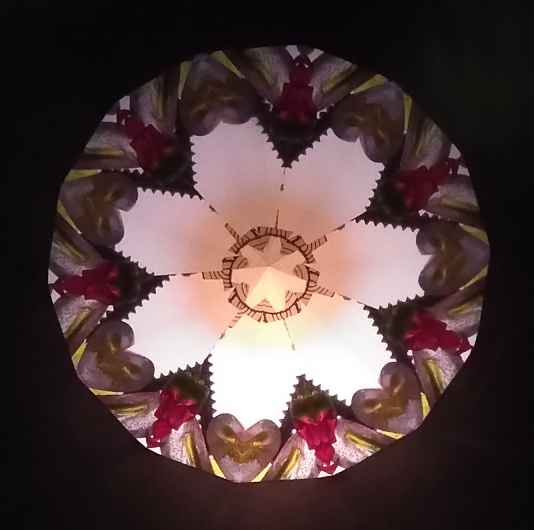 Kaléidoscopie. Au centre, une petite fleur à 7 pétales lumineux cernés de noir entourée d’une autre fleur plus large dans les mêmes tons. Sur l’extérieur, un motif de fleurs et de papillons rose et gris.