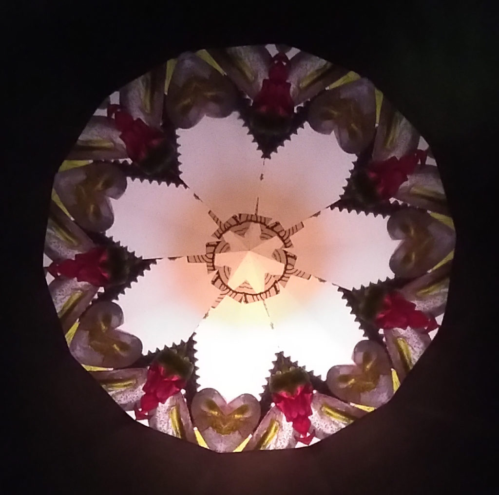 Kaléidoscopie. Au centre, une petite fleur à 7 pétales lumineux cernés de noir entourée d’une autre fleur plus large dans les mêmes tons. Sur l’extérieur, un motif de fleurs et de papillons rose et gris.