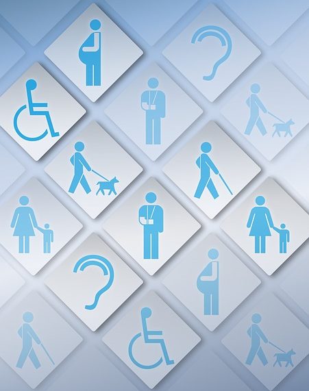 Image composée de losanges dans lesquels des icônes représentent différents handicap : vue, surdité, mobilité, personnes enceintes.
