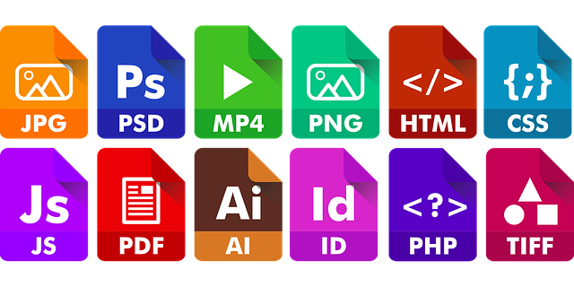 Plusieurs logos représentants des extensions de fichiers : .jpg, .psd, .mp4, .png, .html, .css, .js, .pdf, .ai, .id, .php et .tiff.
